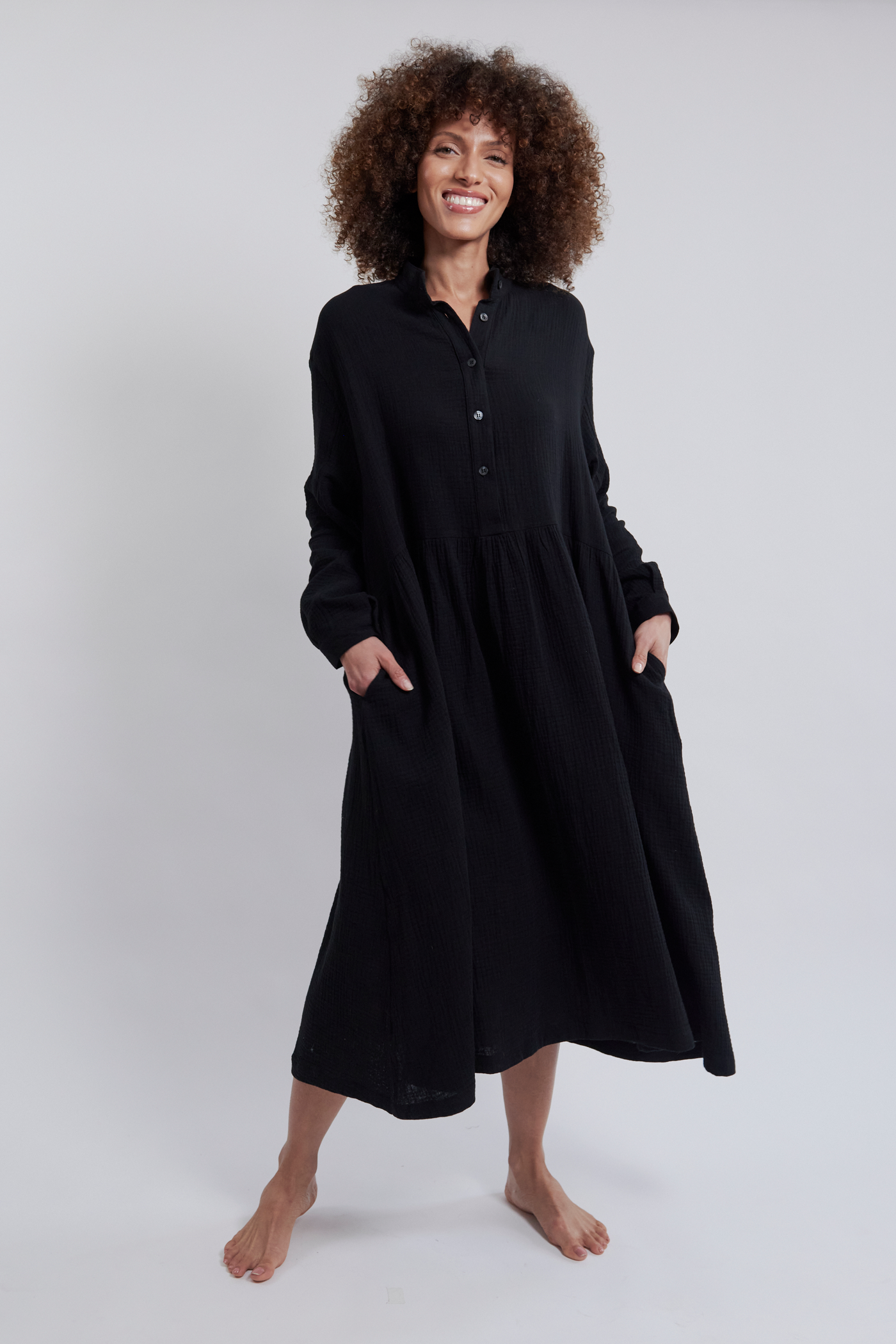 Long Sleep Dress Black Double Gauze