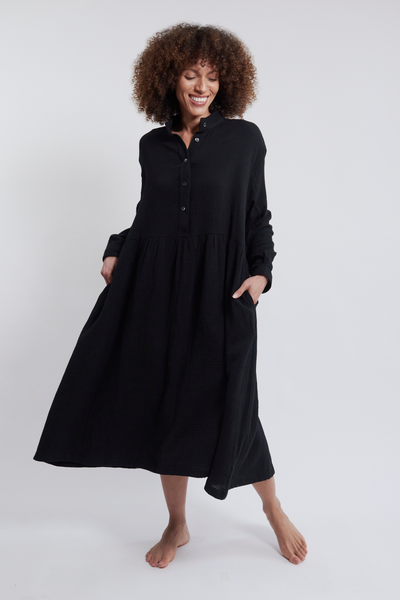 Long Sleep Dress Black Double Gauze