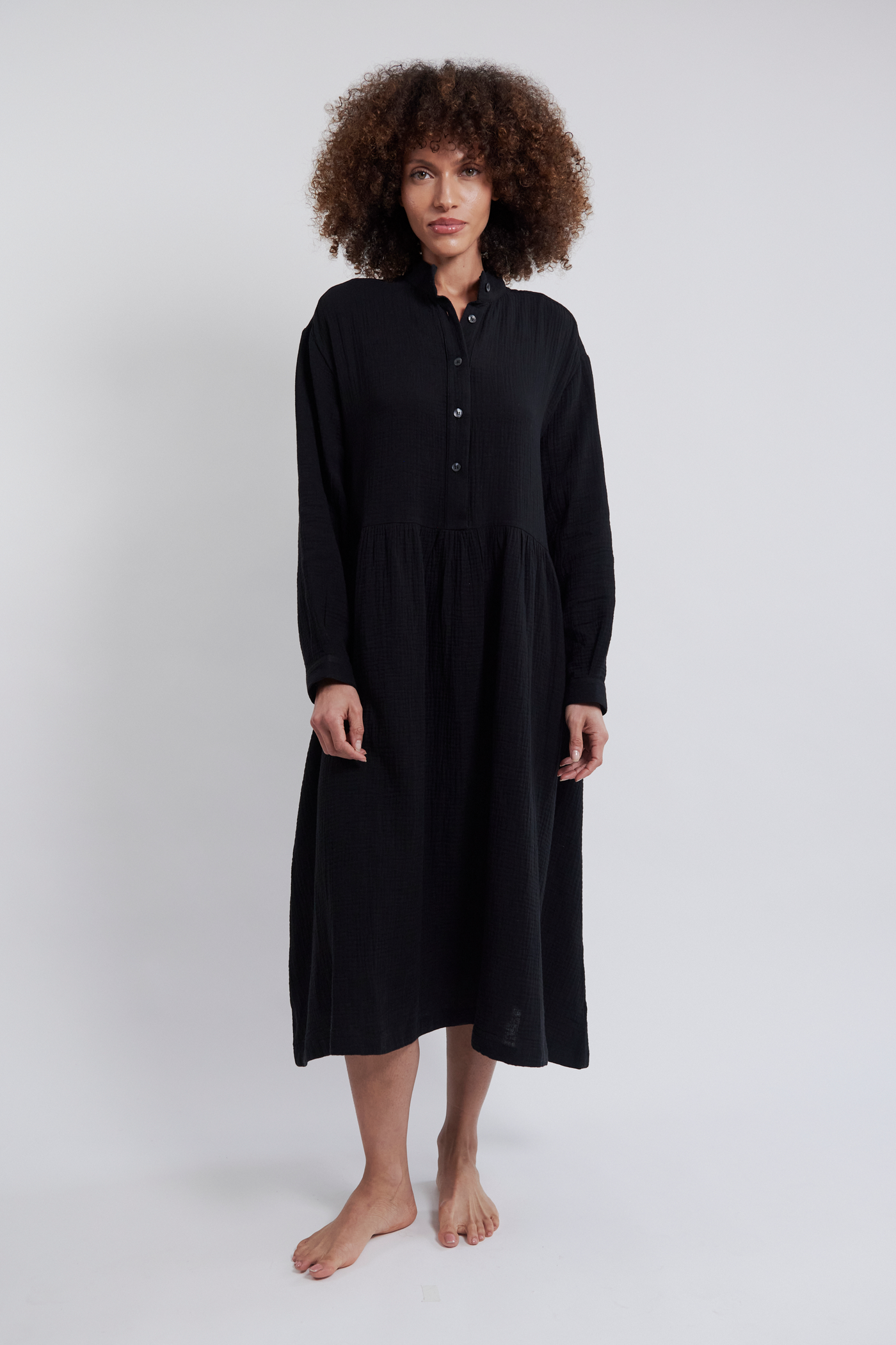 Long Sleep Dress Black Double Gauze