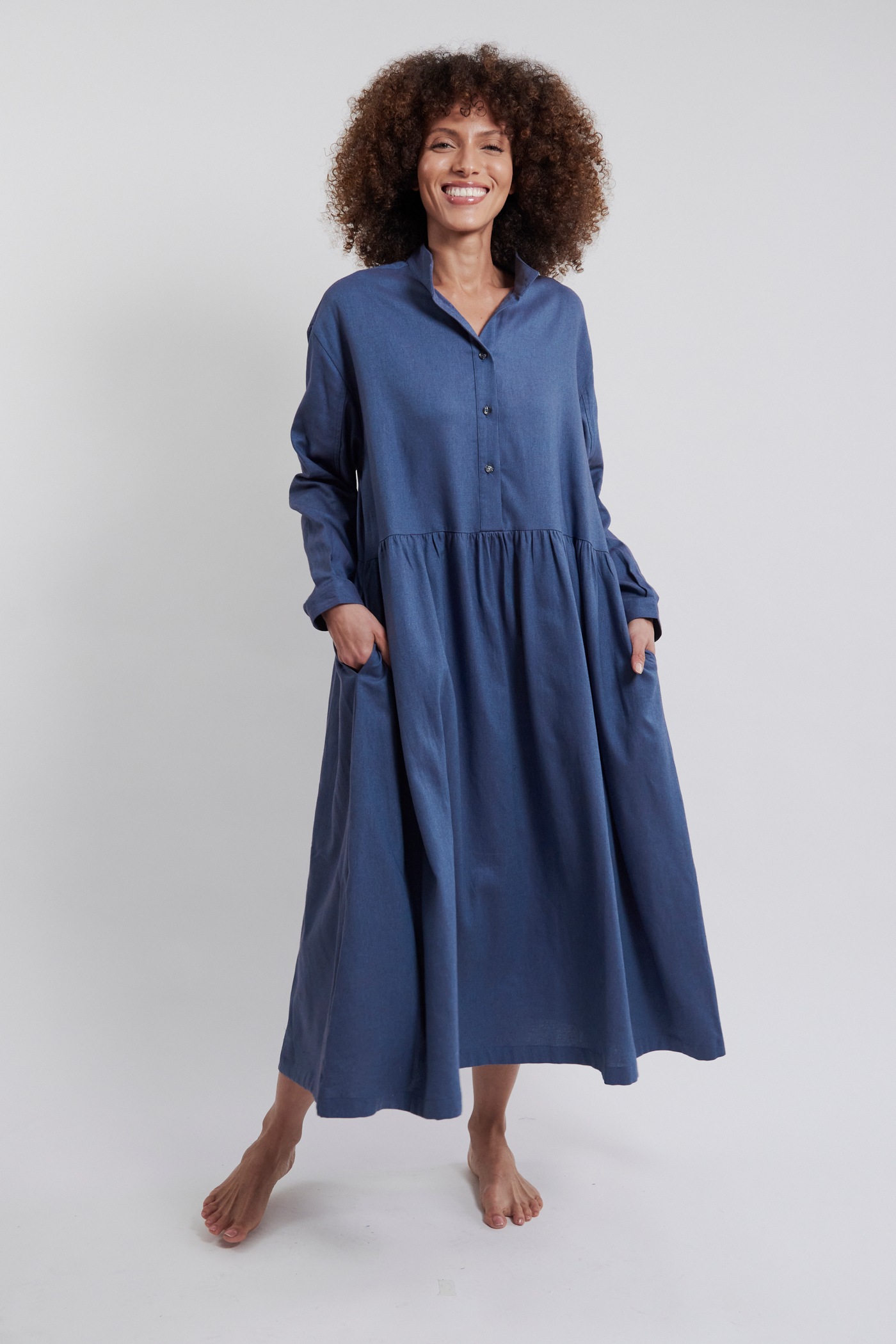 Long Sleep Dress Blue Brushed Cotton