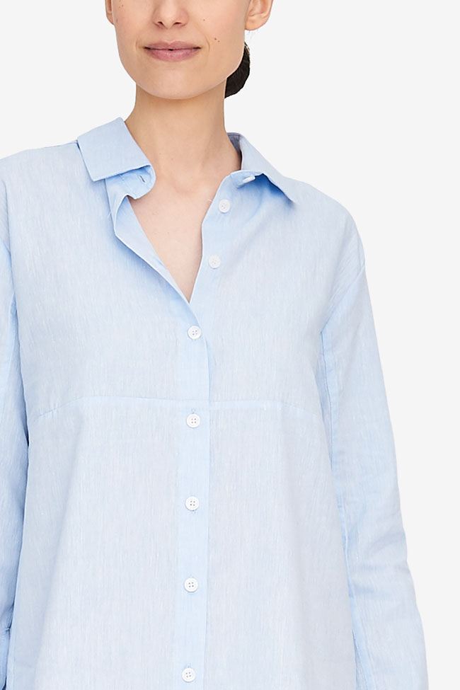 Button Down Sleep Shirt Sky Blue Linen Blend